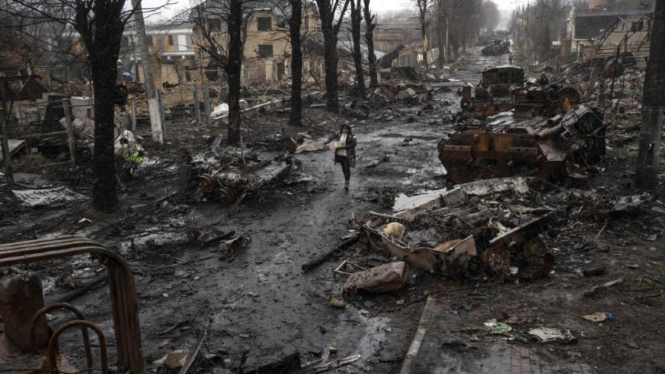 Kondisi Kota Bucha, di luar Kiev, Ukraina, hancur karena perang.