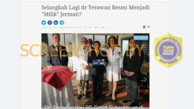 Tangkapan layar (screenshot) unggahan sebuah akun Facebook yang menampilkan foto dr. Terawan Agus Putranto dengan keterangan bahwa sang mantan menteri kesehatan itu akan segera menjadi milik Jerman.