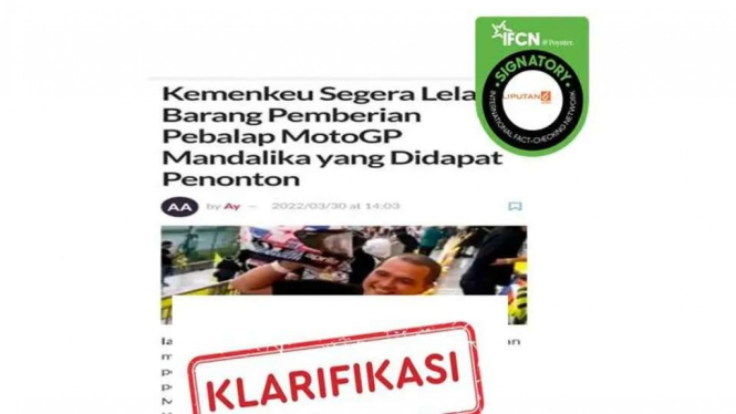 Tangkapan layar (screenshot) unggahan yang menyebut Kementerian Keuangan (Kemenkeu) akan melelang barang pemberian pembalap MotoGP pada penonton di Mandalika.