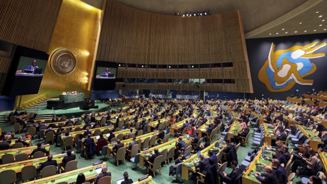 Pertemuan Majelis Umum PBB melakukan pemungutan suara untuk menentukan soal keanggotaan Rusia di Dewan Hak Asasi Manusia. (Reuters:Â Andrew Kelly)
