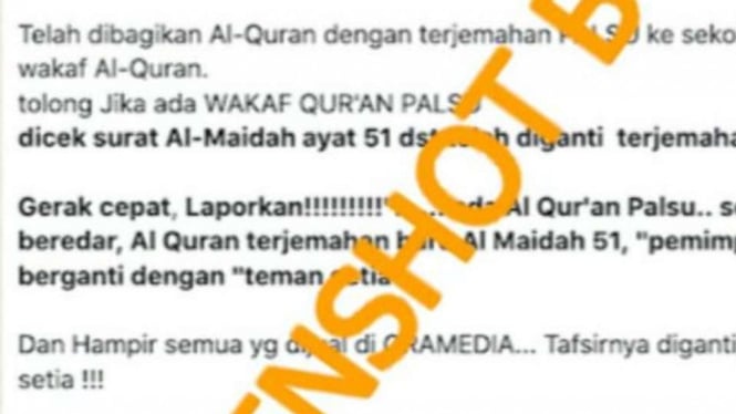 Tangkapan layar (screenshot) sebuah pesan WhatsApp yang menyatakan bahwa telah beredar Al-Quran terjemahan palsu, termasuk terjemahan surat Al-Maidah ayat 51, yang diberikan dengan dalih wakaf.