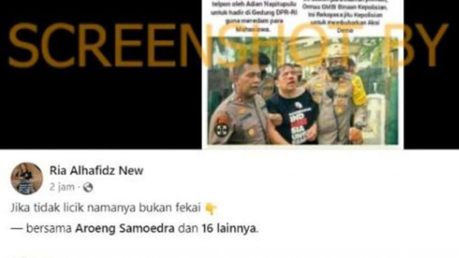 Sebuah akun Facebook mengunggah gambar artikel berlogo CNN Indonesia yang berisi tentang teka-teki kehadiran Ade Armando di Gedung DPR RI. Dalam gambar terdapat foto Ade Armando setelah dipukuli massa.