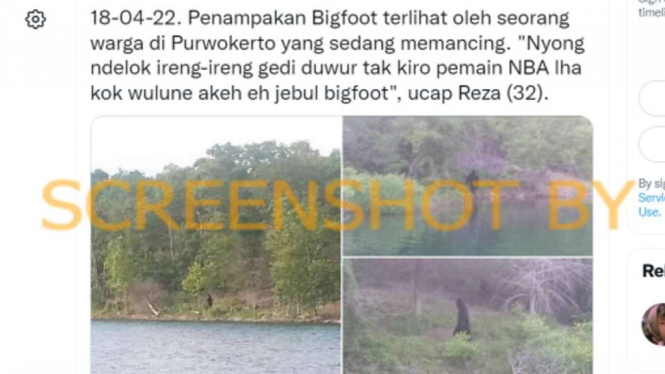 Tangkapan layar (screenshot) sebuah akun Twitter mengunggah cuitan berupa beberapa foto yang diklaim sebagai penampakan bigfoot yang terlihat di Purwokerto pada 18 April 2022.