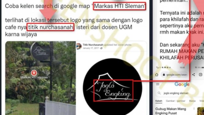 Tangkapan layar (screenshot) informasi tentang sebuah restoran yang pemiliknya disebut sebagai pendana kelompok radikal pembenci pemerintah, Hizbut Tahrir Indonesia (HTI).