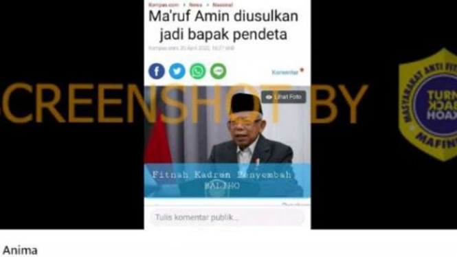 Akun Facebook Raga Anima, pada 23 April 2022, mengunggah sebuah gambar tangkapan layar artikel milik Kompas.com yang berjudul “Ma’ruf Amin diusulkan jadi bapak pendeta”.