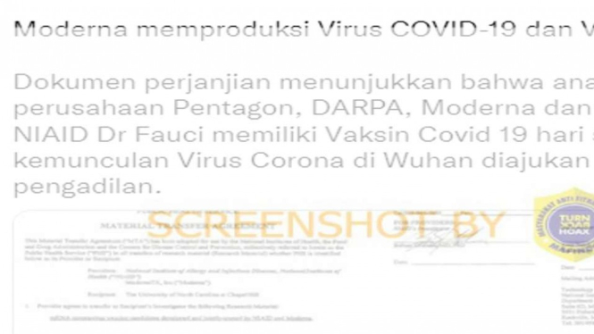 Tangkapan layar (screenshot) sebuah narasi oleh akun Twitter bahwa perusahaan biofarmasi Moderna telah memproduksi virus dan vaksin COVID-19 sebelum pandemi COVID-19 terjadi.