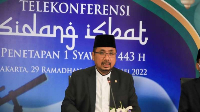 Menteri Agama Yaqut Cholil Qoumas saat mengumumkan isbat 1 Syawal 1443 Hijriah