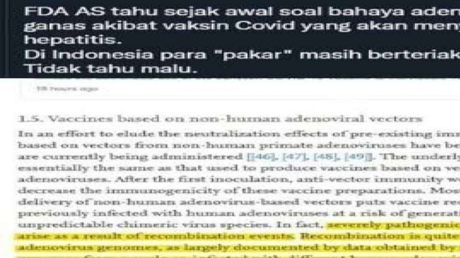 Tangkapan layar (screenshot) unggahan dengan klaim vaksin COVID-19 menjadi penyebab hepatitis misterius pada anak-anak dari seorang profesor.