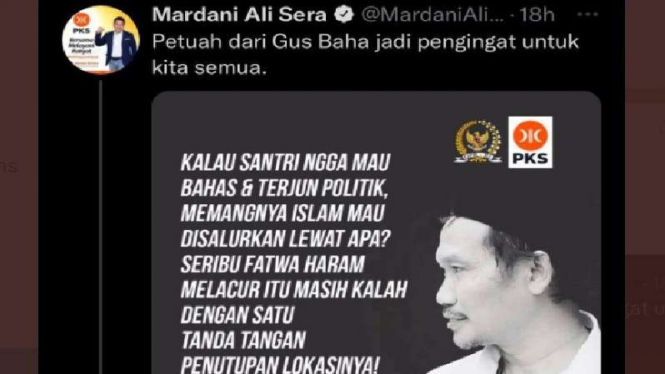 Postingan Mardani soal petuah Gus Baha yang ada Logo PKS nya