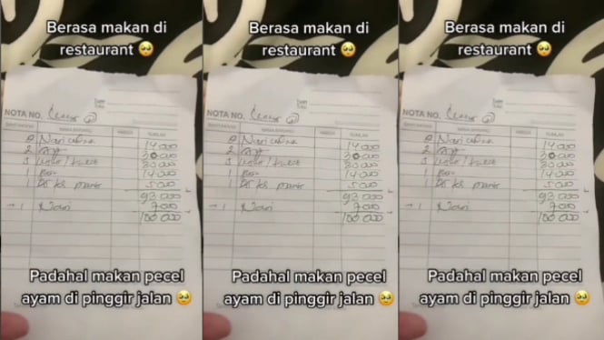 Struk Pembayaran Makan Pecel Ayam di Pinggir Jalan Dihargai Rp100.000 
