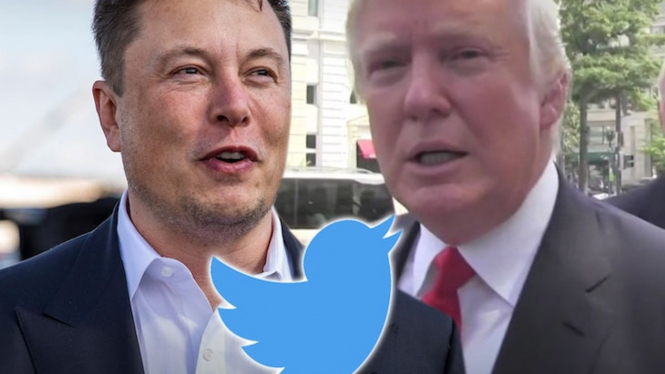 Elon Musk, Donald Trump, dan logo Twitter.
