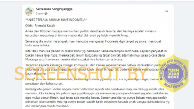 Sebuah akun Facebook mengunggah tulisa dengan judul Sebuah akun Facebook mengunggah tulisa dengan judul "Anies Terlalu Murah buat Indonesia" yang diklaim sebagai tulisan akademisi dan praktisi bisnis Rhenald Kasali.