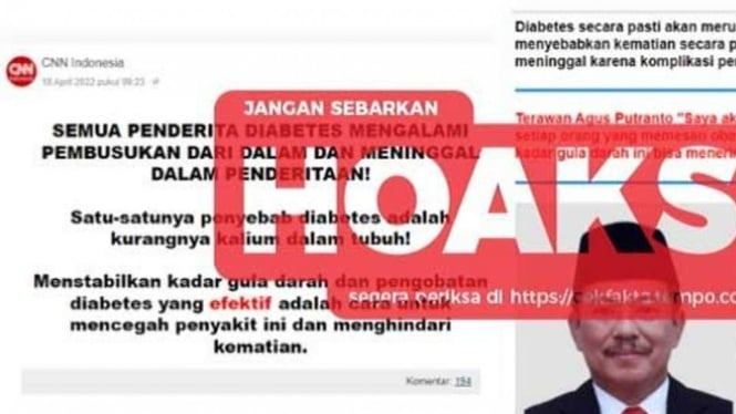 Tangkapan layar (screenshot) unggahan di media sosial dengan klaim bahwa media CNN Indonesia mempromosikan obat diabetes dari Terawan Agus Putranto.