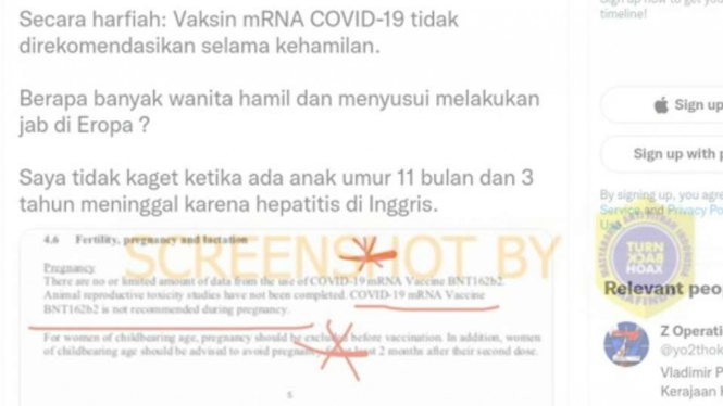 Tangkapan layar (screenshot) sebuah narasi oleh akun Twitter @yo2thok yang mengatakan bahwa vaksin mRNA tidak direkomendasikan kepada ibu hamil.