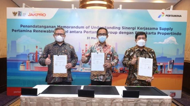 Penandatanganan Memorandum of Understanding Sinergi Kerja sama Supply Pertamina Renewable Diesel antara Pertamina Group dengan PT Jakarta Propertindo di Hotel Kempinski, pada selasa (31/5).
