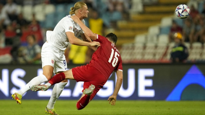 Erling Haaland dalam pertandingan UEFA Nations League Serbia vs Norwegia