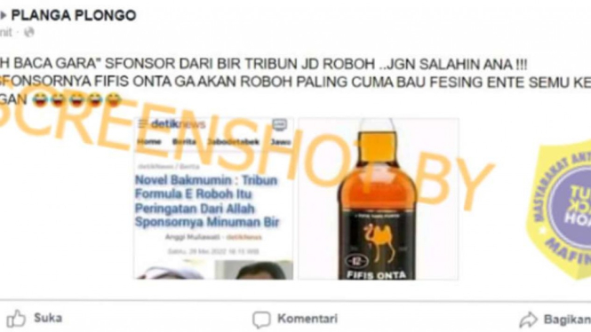 Tangkapan layar (screenshot) akun Facebook mengunggah gambar tangkapan layar artikel berita berjudul “Novel Bakmumin : Tribun Formula E Roboh Itu Peringatan Dari Allah Sponosrnya Minuman Bir”.