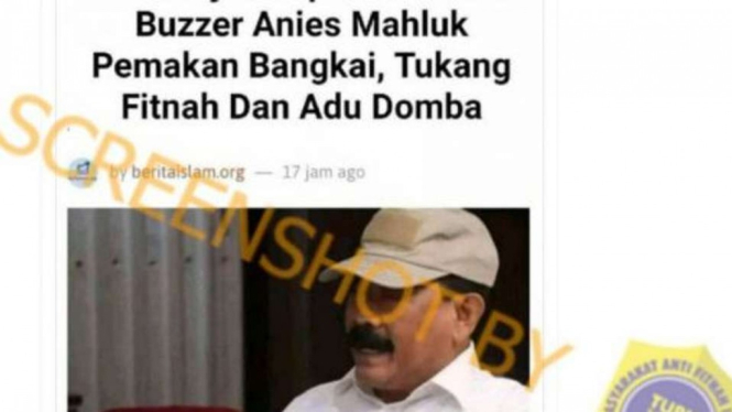 Tangkapan layar (screenshot) akun Twitter mengunggah tangkapan layar sebuah artikel berjudul “Eks Danjen kopassus sebut Buzzer Anies Makhluk Pemakan Bangkai, Tukang Fitnah Dan Adu Domba”.