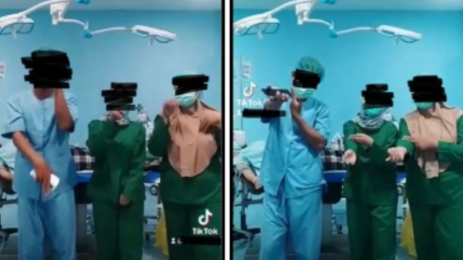 Hasil tangkap layar, tiga orang perawat joget TikTok di ruang operasi