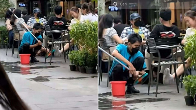 Tega, seorang pengunjung minta bersihin sepatu kepada cleaning service