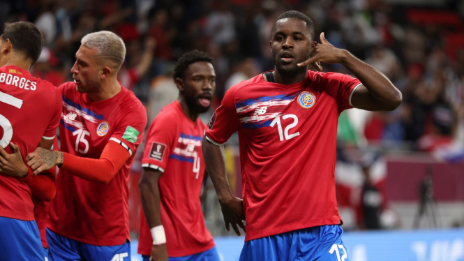 Timnas Kosta Rika merayakan gol
