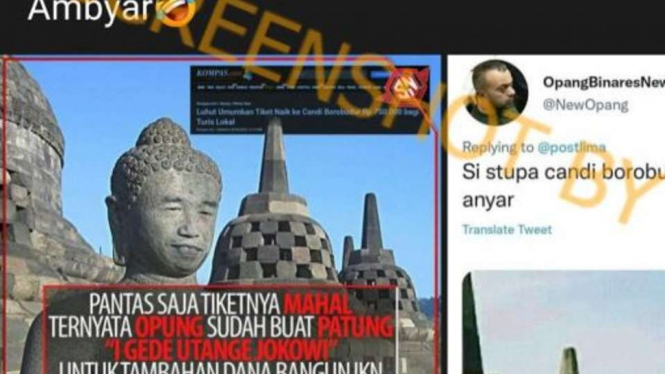 Jepretan layar unggahan gambar oleh sebuah akun Facebook yang memperlihatkan patung candi berwajah Jokowi yang diklaim sebagai penyebab harga tiket Candi Borobudur meningkat.