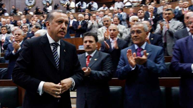 Presiden Turkiye Recep Tayyip Erdogan saat di acara partai di Ankara
