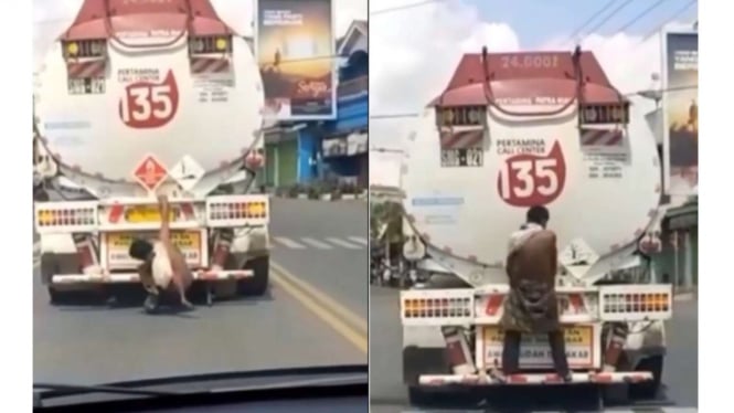 Viral ODGJ gelantungan di truk tangki Pertamina