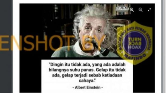 Jepretan layar sebuah akun Facebook menyebarluaskan narasi mengenai Albert Einstein yang mengatakan bahwa kejahatan ada ketika manusia tidak memiliki kehadiran Tuhan di hatinya.