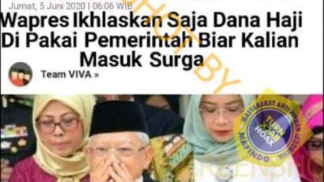 Jepretan layar sebuah akun Facebook mengunggah gambar tangkapan layar berjudul “Wapres Ikhlaskan Saja Dana Haji Di Pakai Pemerintah Biar Kalian Masuk Surga”.