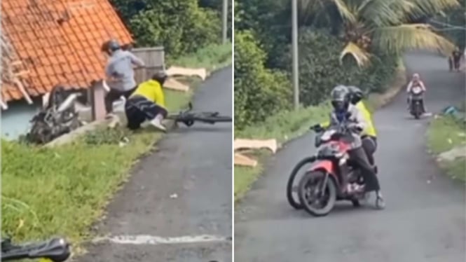 Viral, dua orang tersungkur hingga motor terjatuh ke pemukiman warga