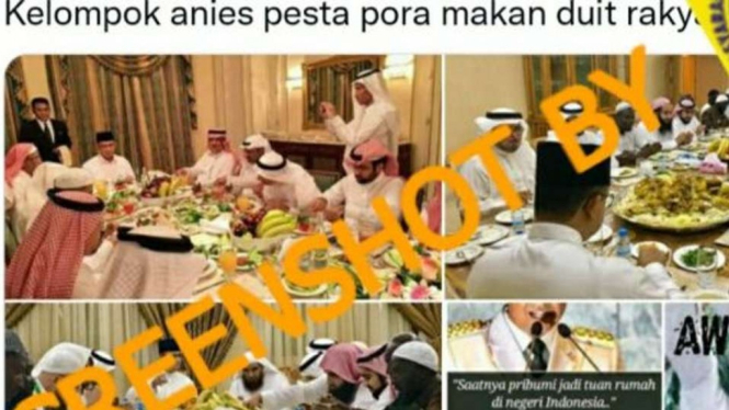Jepretan layar sebuah akun Twitter mengunggah beberapa foto yang menunjukkan Anies Baswedan tengah berada di acara makan bersama dengan beberapa orang lainnya dan disebut acara pesta pora menggunakan uang rakyat.