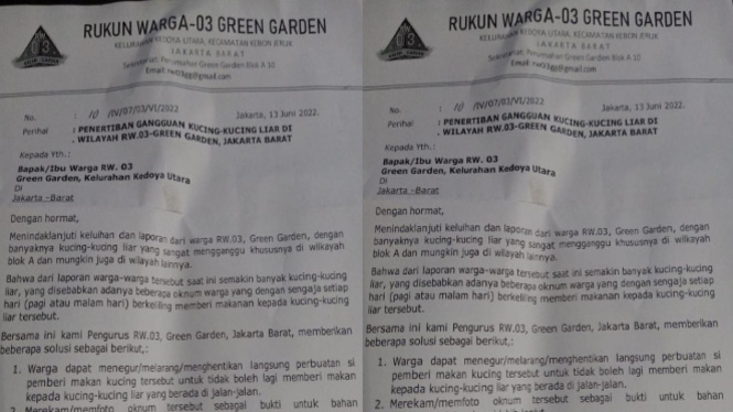 Surat RW untuk Warga Green Garden Protes Komunitas Beri Makan Kucing Liar