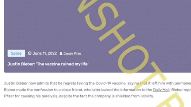 Jepretan layar sebuah artikel dengan judul “Justin Bieber: Vaksin Menghancurkan Hidup Saya” yang dimuat di situs Vancouver Times dibagikan di berbagai media sosial.