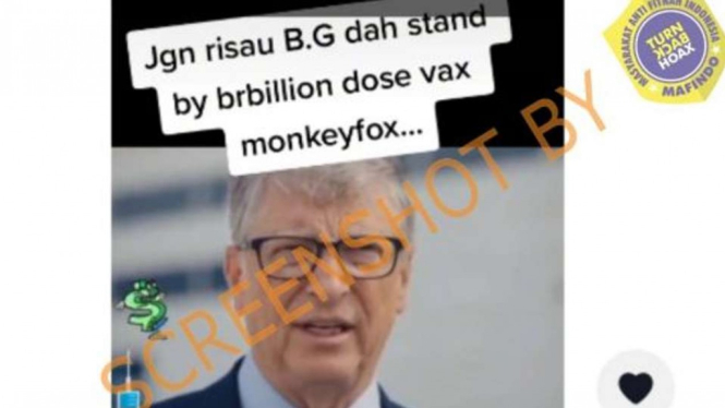 Jepretan layar sebuah video di TikTok menunjukkan Bill Gates sedang mengunjungi gudang vaksin cacar monyet dengan narasi dalam video tersebut menyebutkan bahwa Bill Gates telah menyiapkan miliaran vaksin cacar monyet.