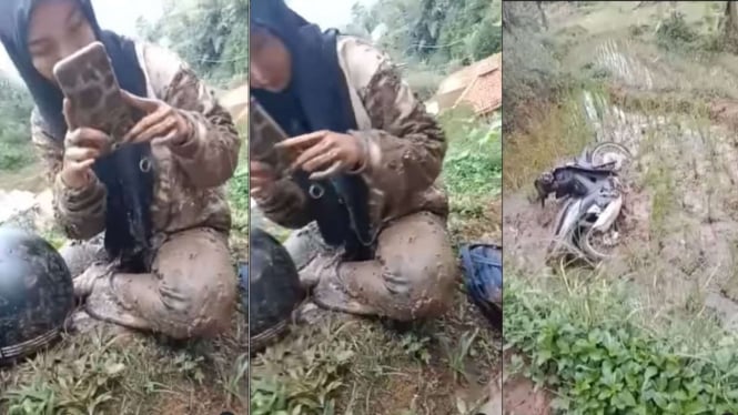 Viral, pasangan ini terjun ke sawah bersama motornya