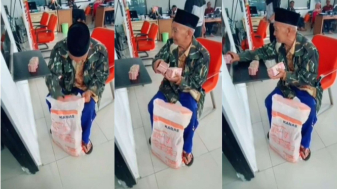 Viral seorang kakek membawa uang menggunakan karung