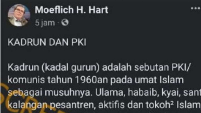 Jepretan layar sebuah akun Twitter menyebarluaskan informasi bahwa sebutan kadrun (kadal gurun) sudah ada sejak tahun 1960-an, dan digunakan oleh anggota PKI untuk menghina umat Islam.