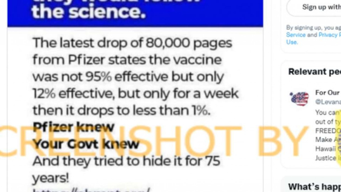 Jepretan layar akun Twitter mengunggah cuitan berupa gambar yang di dalamnya terdapat klaim bahwa efektivitas vaksin Prizer bukan 95%, namun hanya sebesar 12% yang bertahan selama 1 minggu.