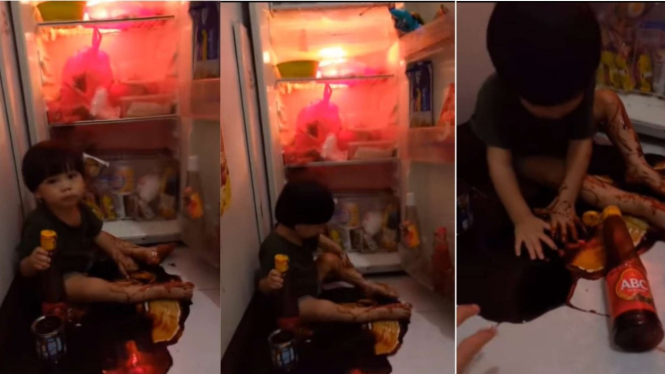Viral seorang ibu mendapati anaknya sedang mandi kecap di depan kulkas