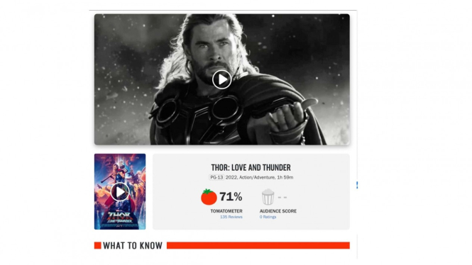 Rating film Thor : Love and Thunder, 71% oleh Rotten Tomatoes