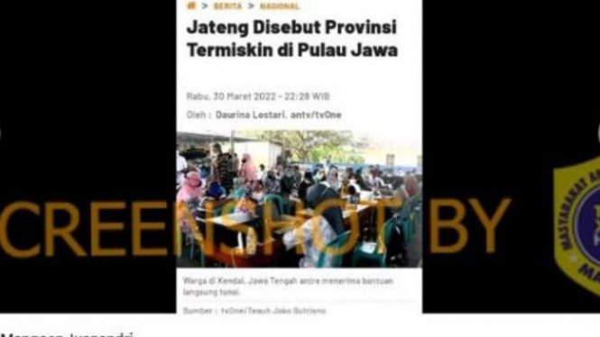 Akun Facebook Mangoen Juanandri pada 31 Mei 2022 mengunggah gambar jeprertan layar artikel VIVA berjudul “Jateng Disebut Provinsi Termiskin di Pulau Jawa”.