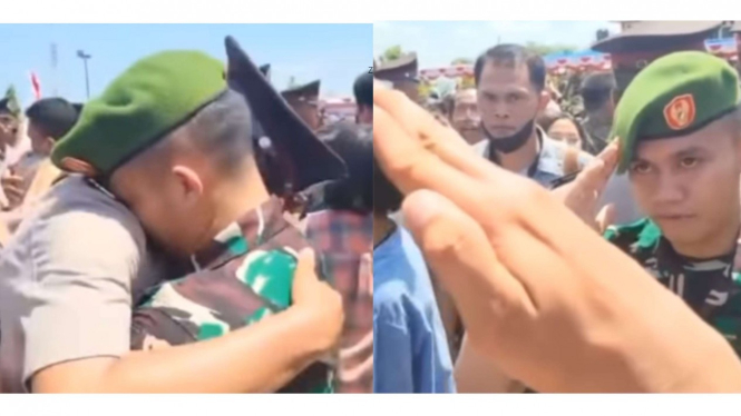 Anggota TNI mencari adiknya saat pelantikan Polri