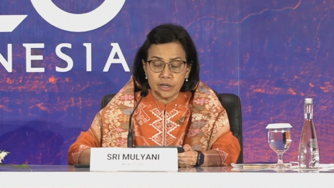 Menteri Keuangan Sri Mulyani Indrawati saat konferensi pers hasil 3rd FMCBG G20 Indonesia 2022.