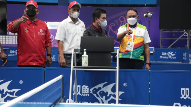 Menpora RI) Zainudin Amali meninjau sejumlah venue pertandingan cabang olahraga tenis meja Asean Para Games Solo 2022 yang berlokasi di gedung Solo Techno Park, Solo Jawa tengah, Jumat (29/7).
