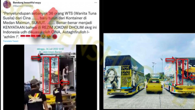 Jepretan layar informasi di media sosial dengan klaim tentang upaya penyelundupan 36 orang WTS (wanita tuna susila) dari Cina yang diketahui saat para wanita itu turun dari kontainer di Medan, Sumatera Utara.