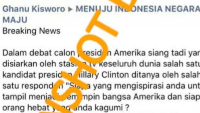 Jepretan layar akun Twitter mengunggah sebuah hasil tangkapan layar yang menyatakan bahwa dalam debat calon presiden Amerika Serikat di tahun 2016, Hillary Clinton mengaku terinspirasi oleh Sri Mulyani dan Jokowi.