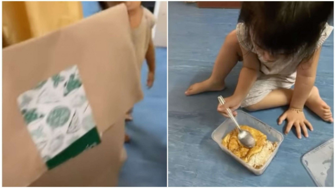 seorang ibu membungkus masakannya dengan paper bag agar anak mau makan