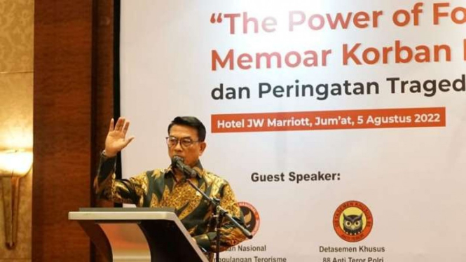 Kepala Staf Kepresidenan Moeldoko saat menghadiri peluncuran buku “The Power of Forgiveness: Memoar Korban Bom JW Marriot” dan Peringatan 19 tahun Tragedi JW Marriot 2003, di Jakarta, Jumat, 5 Agustus 2022.