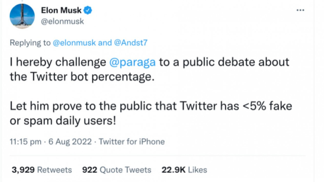 Tantangan Elon Musk debat terbuka dengan CEO Twitter Parag Agrawal.